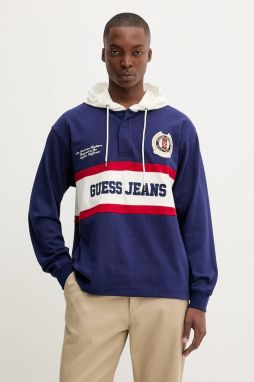 Bavlnená mikina Guess Jeans modrá farba, s kapucňou, s nášivkou, M5YP08 KCYM1