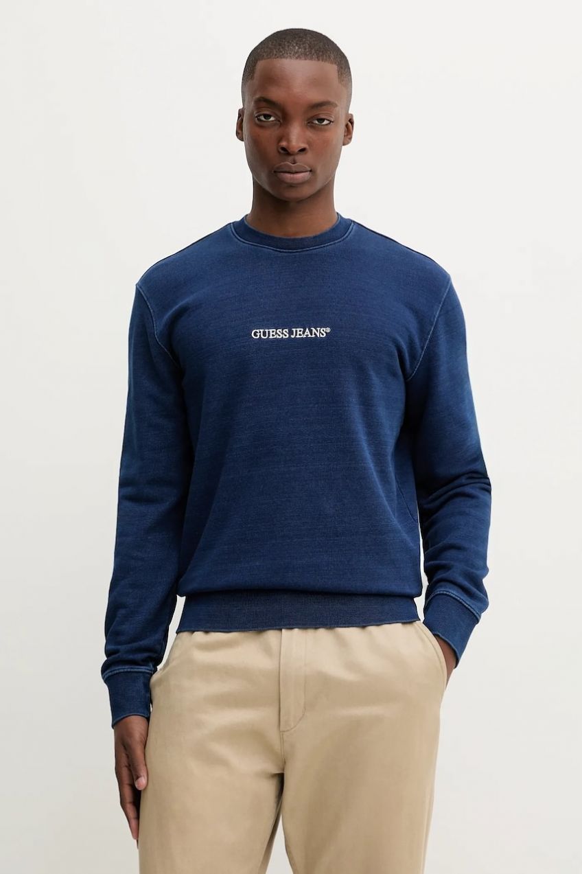 Bavlnená mikina Guess Jeans modrá farba, s nášivkou, M5YQ06 KCXQ1
