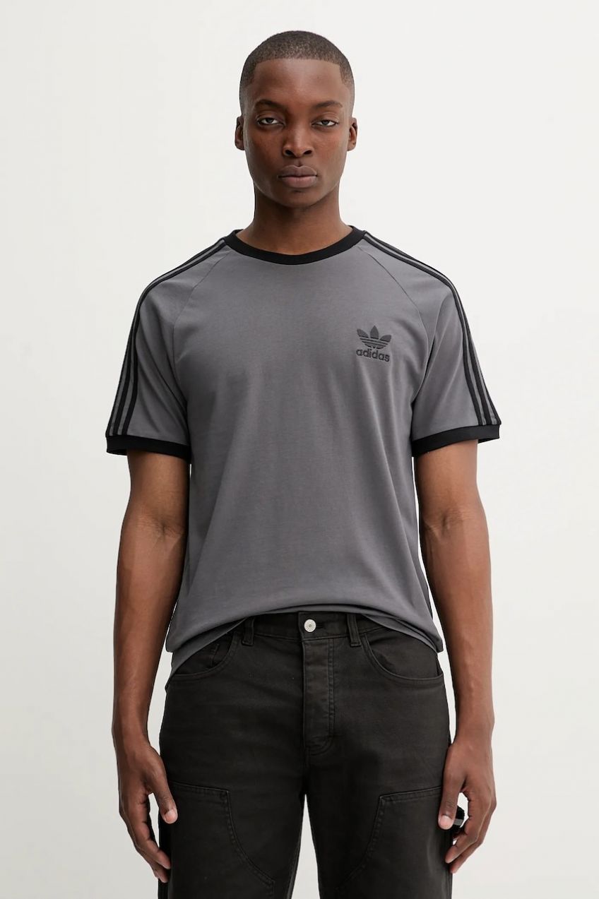 Bavlnené tričko adidas Originals 3-Stripes pánske, šedá farba, s nášivkou, JY1373