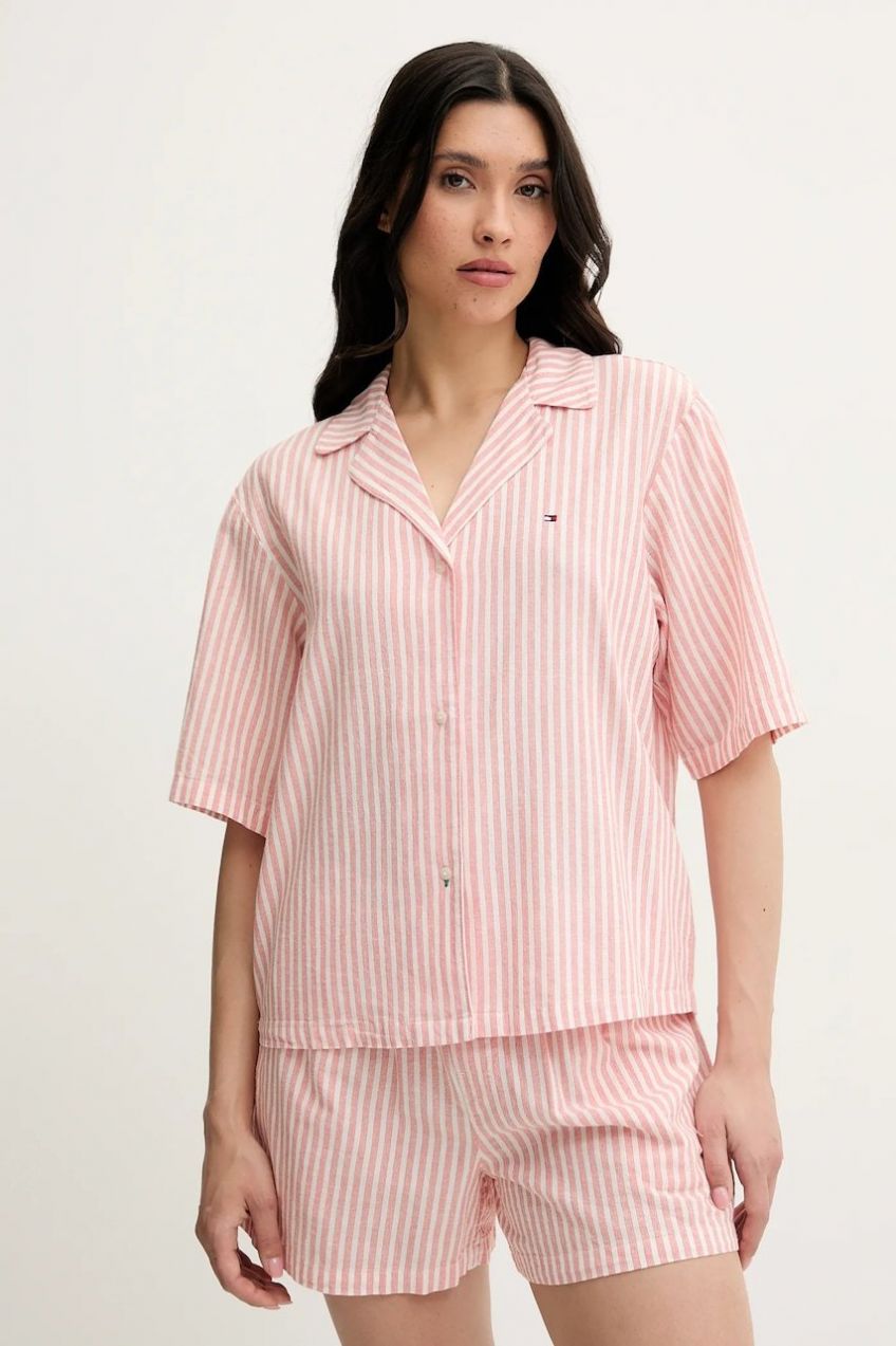 Pyžamo s prímesou ľanu Tommy Hilfiger dámska, oranžová farba, UW0UW05799