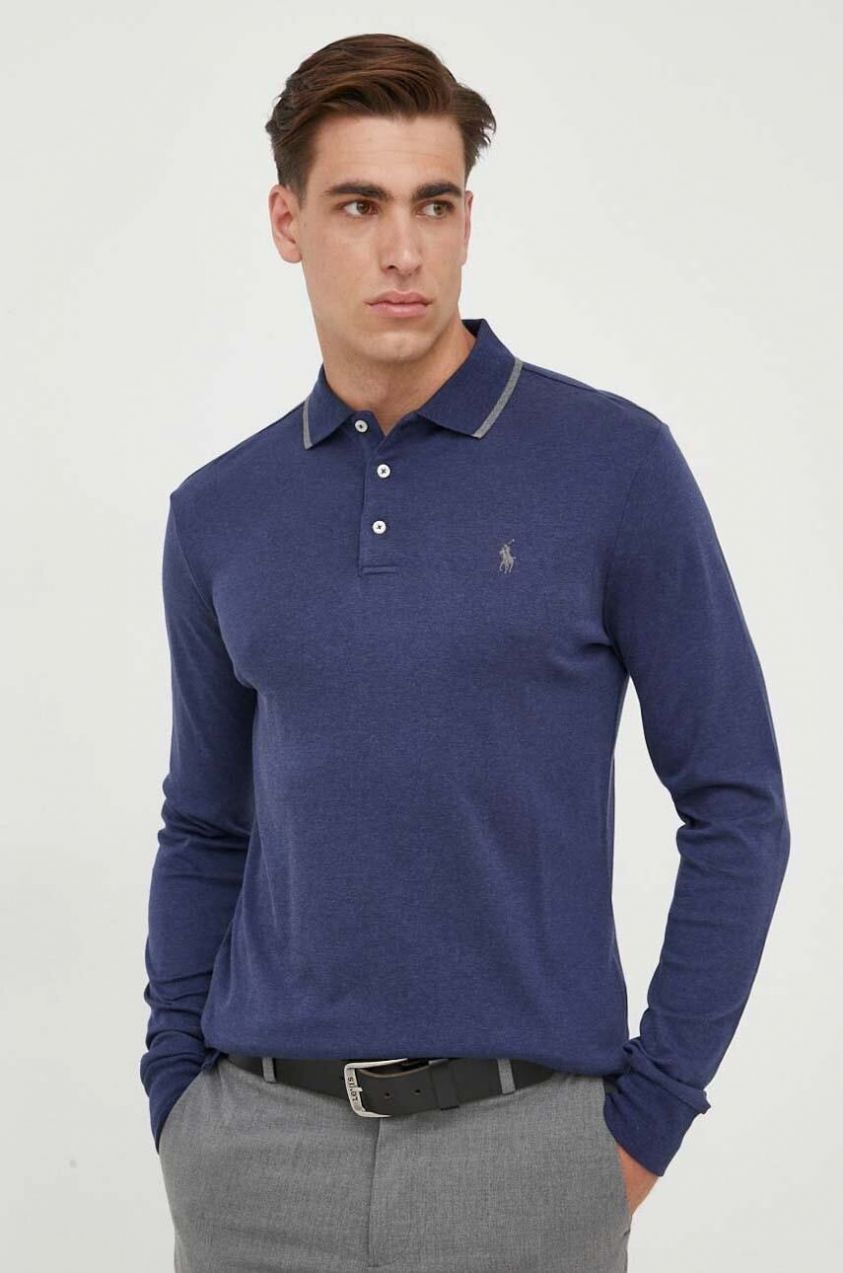 Bavlnené tričko s dlhým rukávom Polo Ralph Lauren tmavomodrá farba, jednofarebné