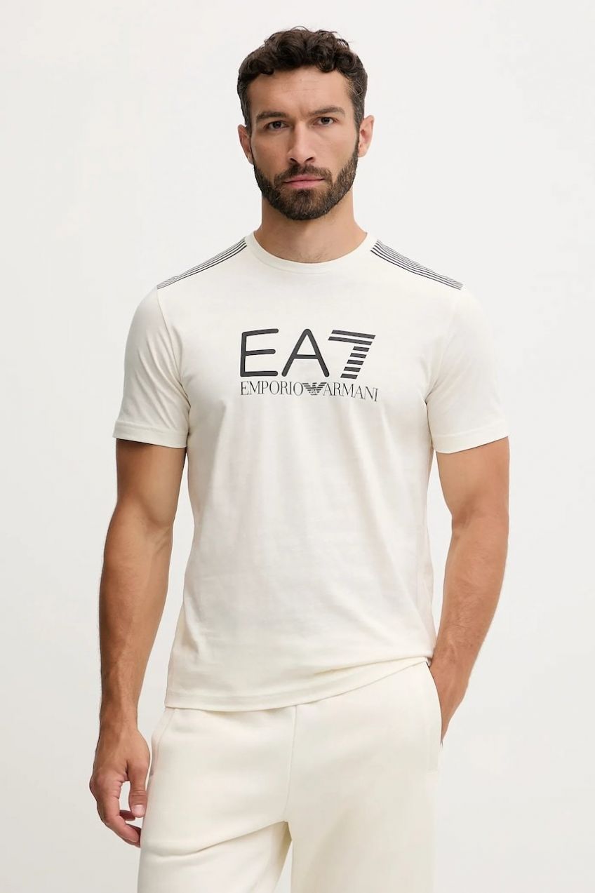 Bavlnené tričko EA7 Emporio Armani pánske, béžová farba, s potlačou, AF10375-7M000961