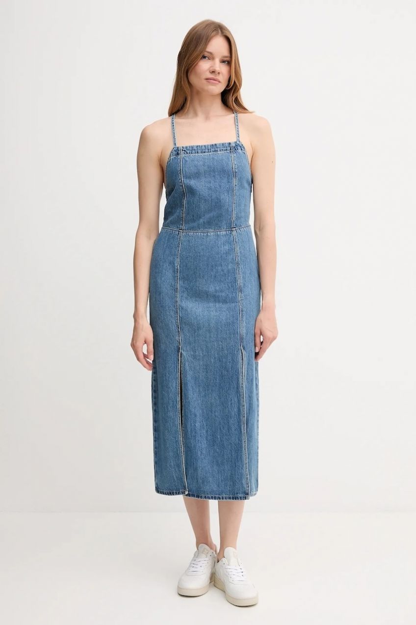 Rifľové šaty Pepe Jeans modrá farba, maxi, áčkový strih, PL953767