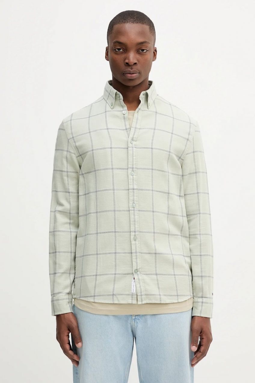 Bavlnená košeľa Tommy Jeans zelená farba, regular, DM0DM21701