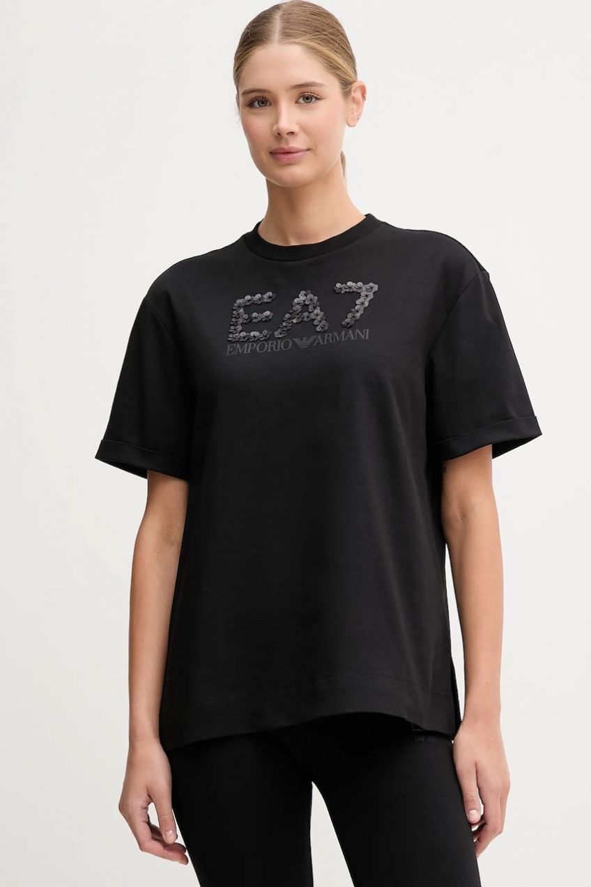 Bavlnené tričko EA7 Emporio Armani dámske, čierna farba, AF12957.7W000540