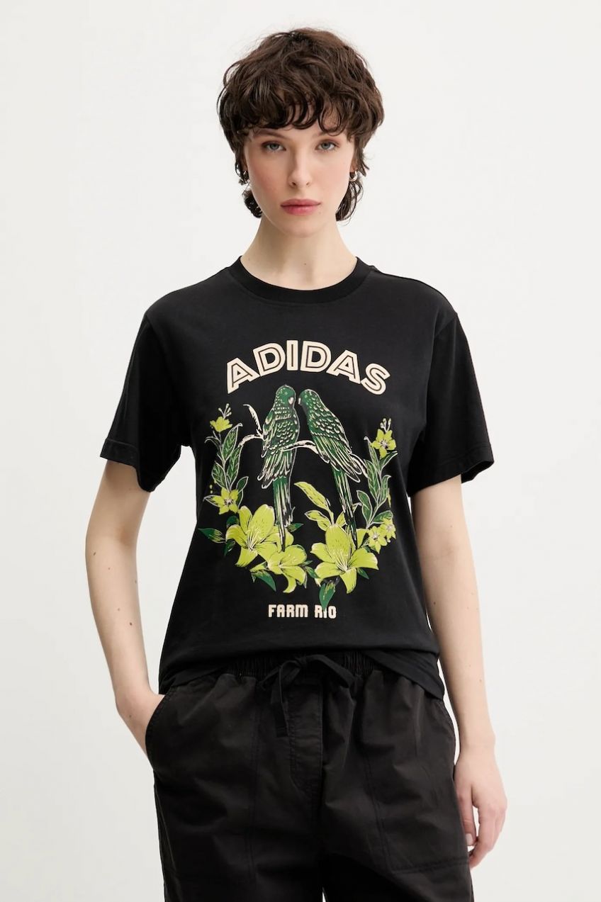Bavlnené tričko adidas x Farm Rio dámske, čierna farba, JV8609