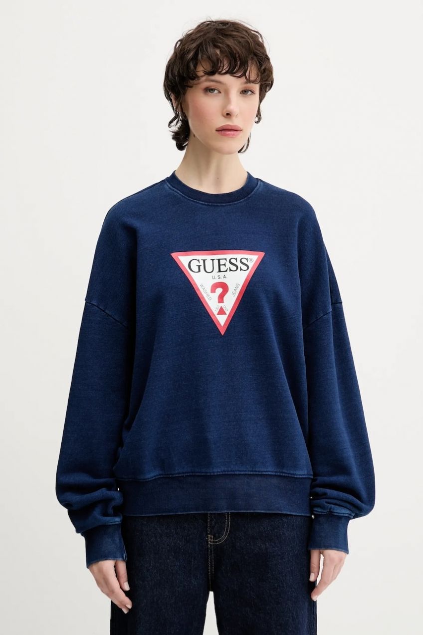 Bavlnená mikina Guess Jeans tmavomodrá farba, s potlačou, W5YQ12 KCXQ1
