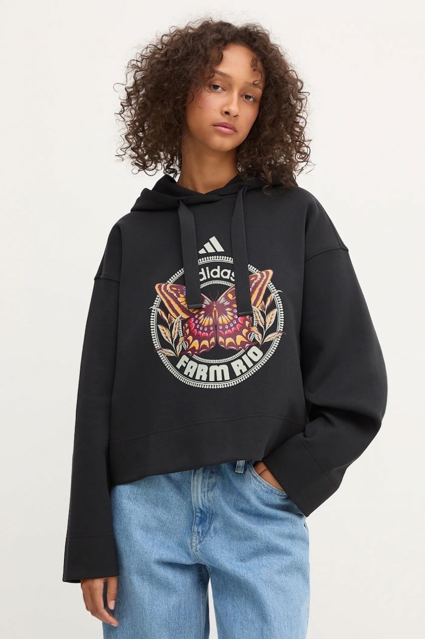 Mikina adidas x Farm Rio čierna farba, s kapucňou, vzorovaná, JL8607