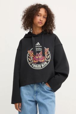 Mikina adidas x Farm Rio čierna farba, s kapucňou, vzorovaná, JL8607