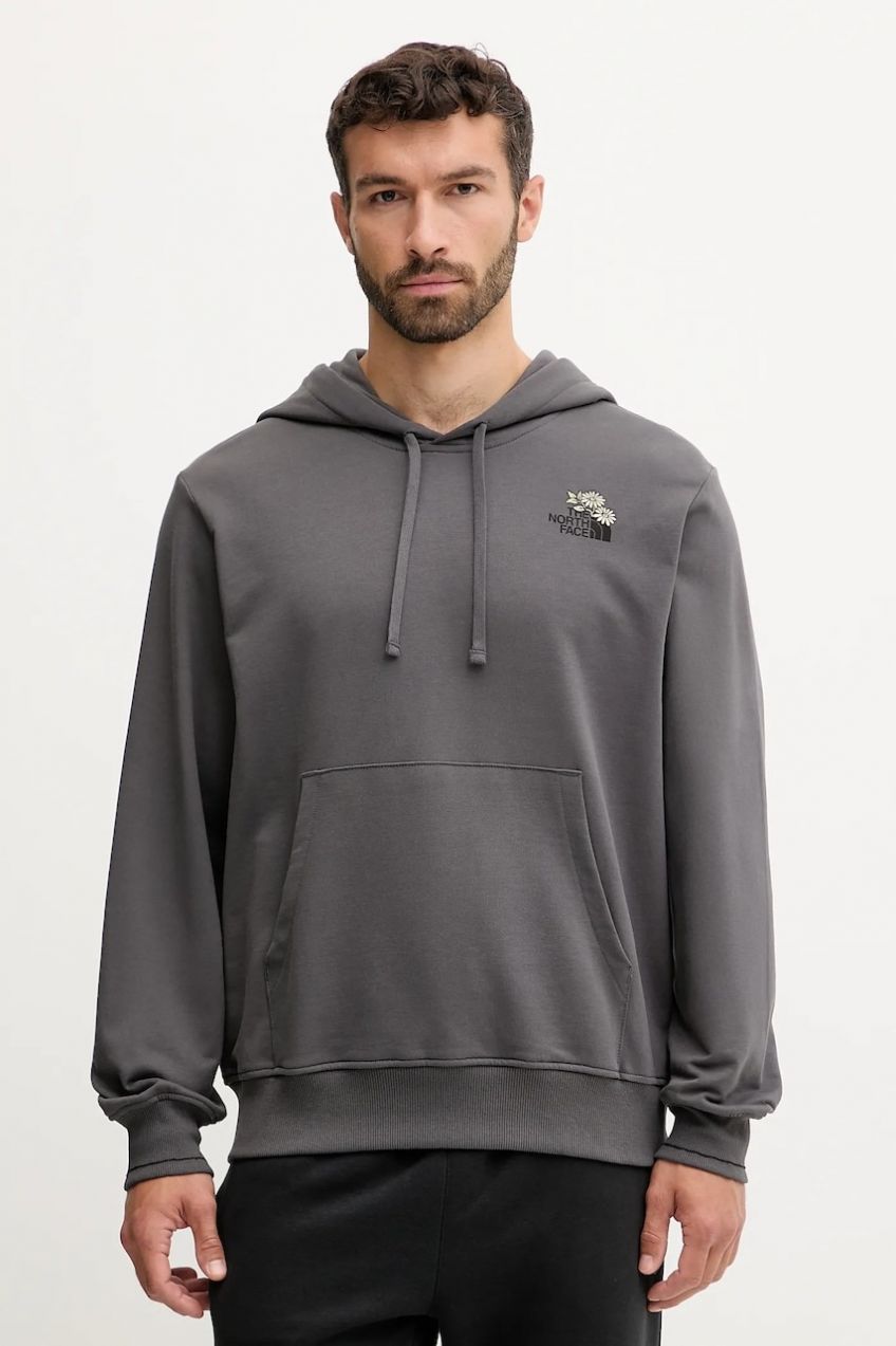 Bavlnená mikina The North Face Flowe Dome šedá farba, s kapucňou, s potlačou, NF0A8EGZRHI1