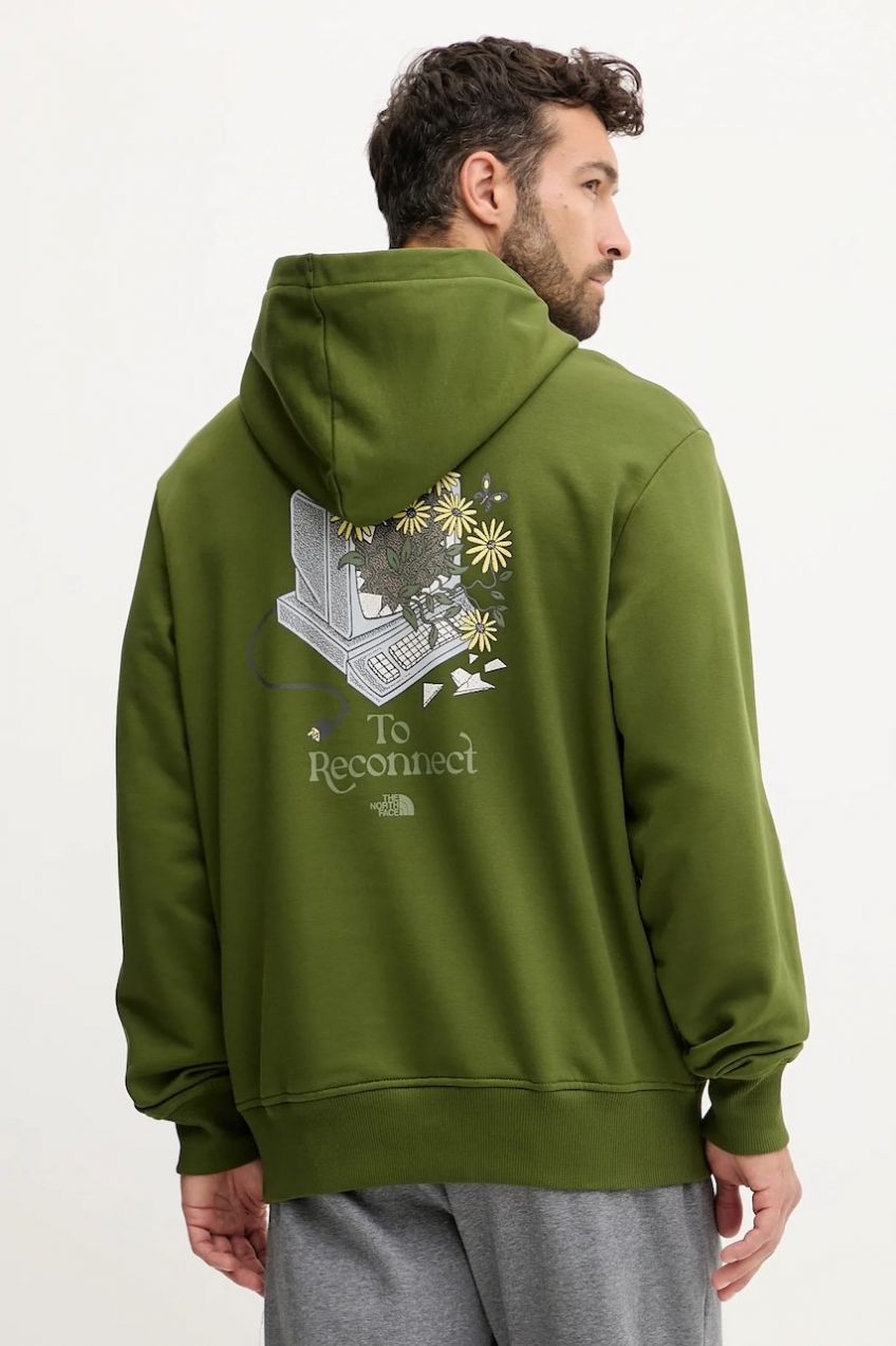 Bavlnená mikina The North Face Connect Relaxed zelená farba, s kapucňou, s potlačou, NF0A8E40BRI1