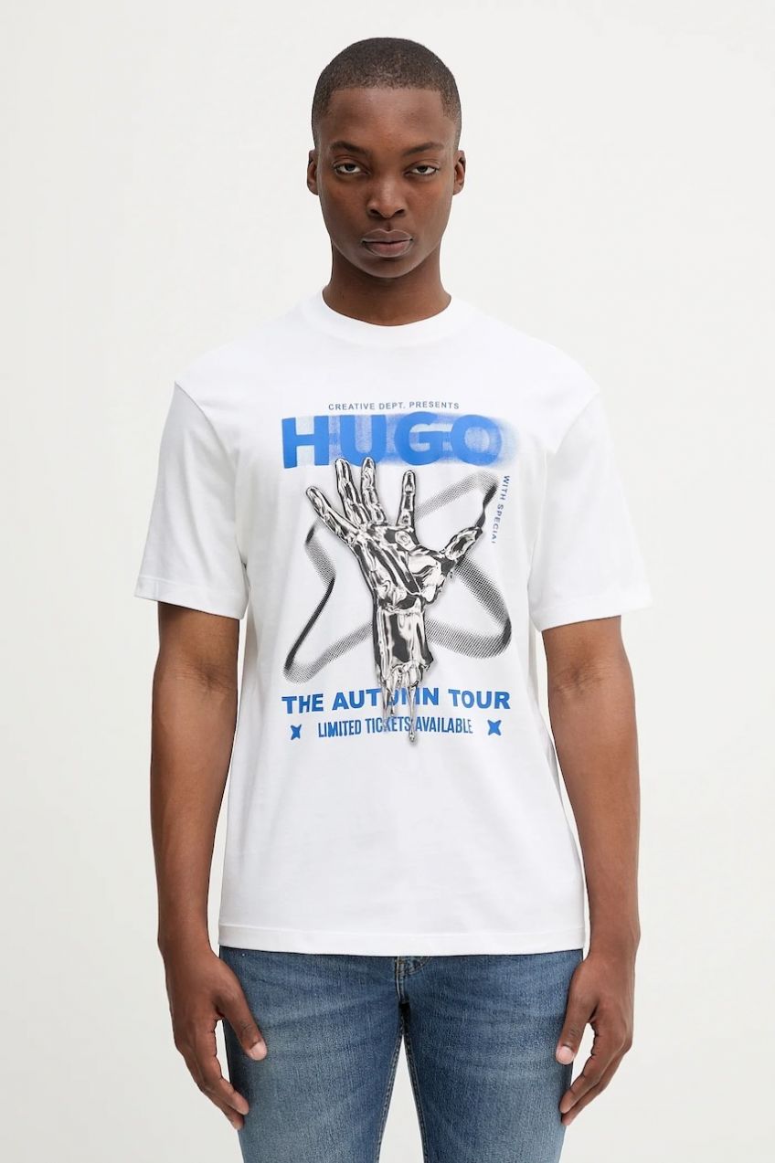 Bavlnené tričko Hugo Blue pánske, biela farba, s potlačou, 50543494