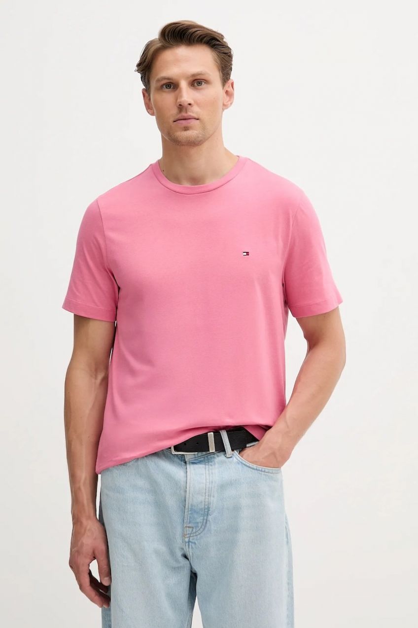 Bavlnené tričko Tommy Hilfiger pánske, ružová farba, jednofarebné, MW0MW39995