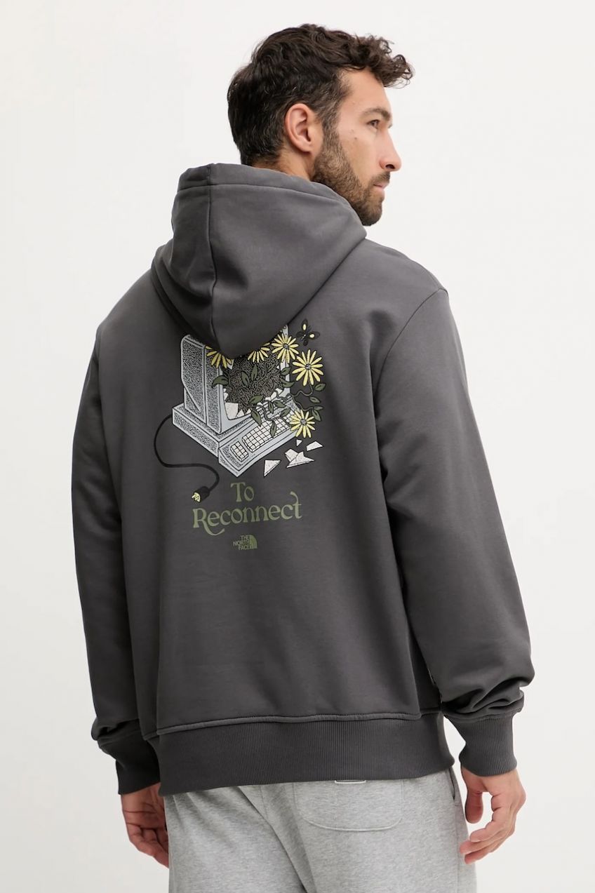 Bavlnená mikina The North Face Connect Relaxed šedá farba, s kapucňou, s potlačou, NF0A8E40RHI1