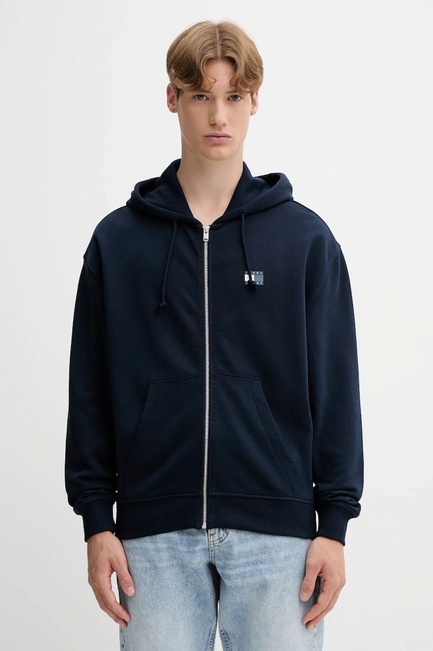Bavlnená mikina Tommy Jeans tmavomodrá farba, s kapucňou, vzorovaná, DM0DM21626