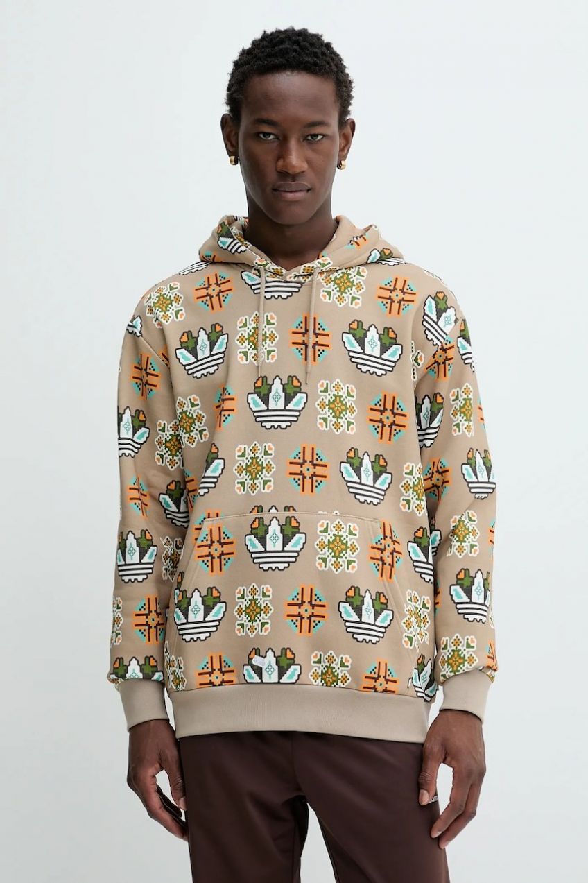 Mikina adidas Originals Graphic Lo Hd béžová farba, s kapucňou, vzorovaná, JW1084