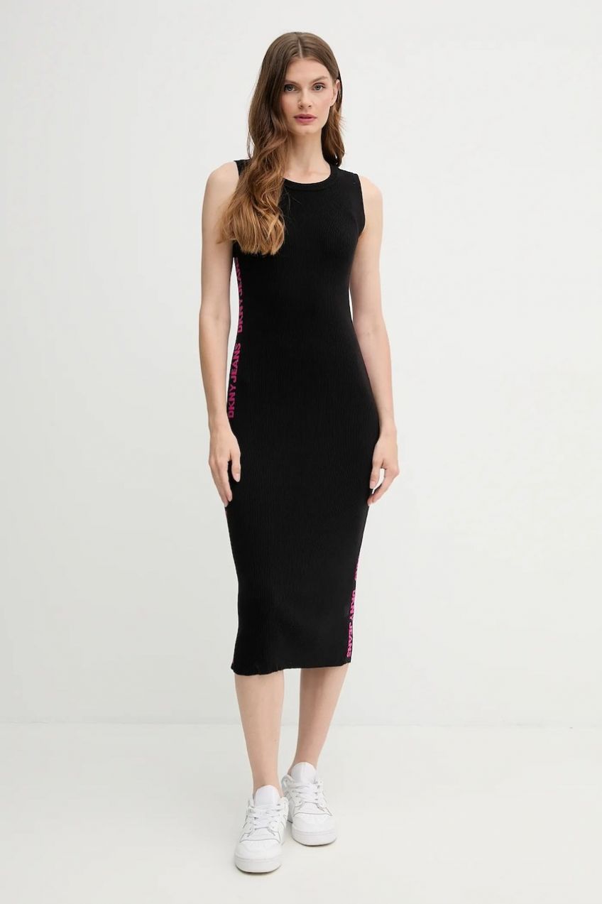 Šaty Dkny čierna farba, midi, priliehavé, DJ5R0752