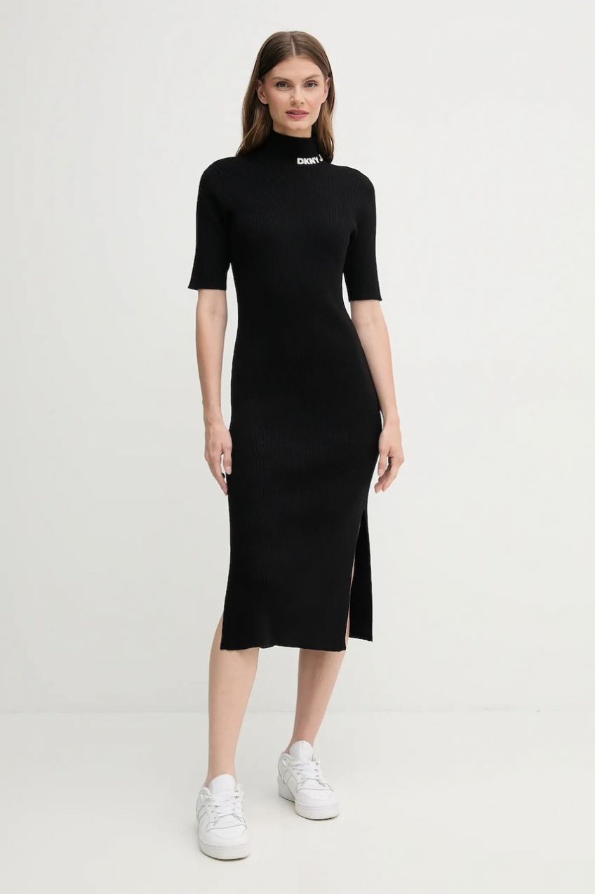 Šaty Dkny čierna farba, midi, priliehavé, DJ5R0751