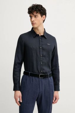 Ľanová košeľa Aeronautica Militare tmavomodrá farba, regular, s klasickým golierom, CA1239CT3089
