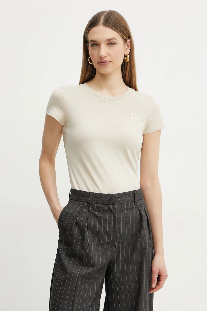 Bavlnené tričko Armani Exchange dámske, béžová farba, XW000320 AF10356