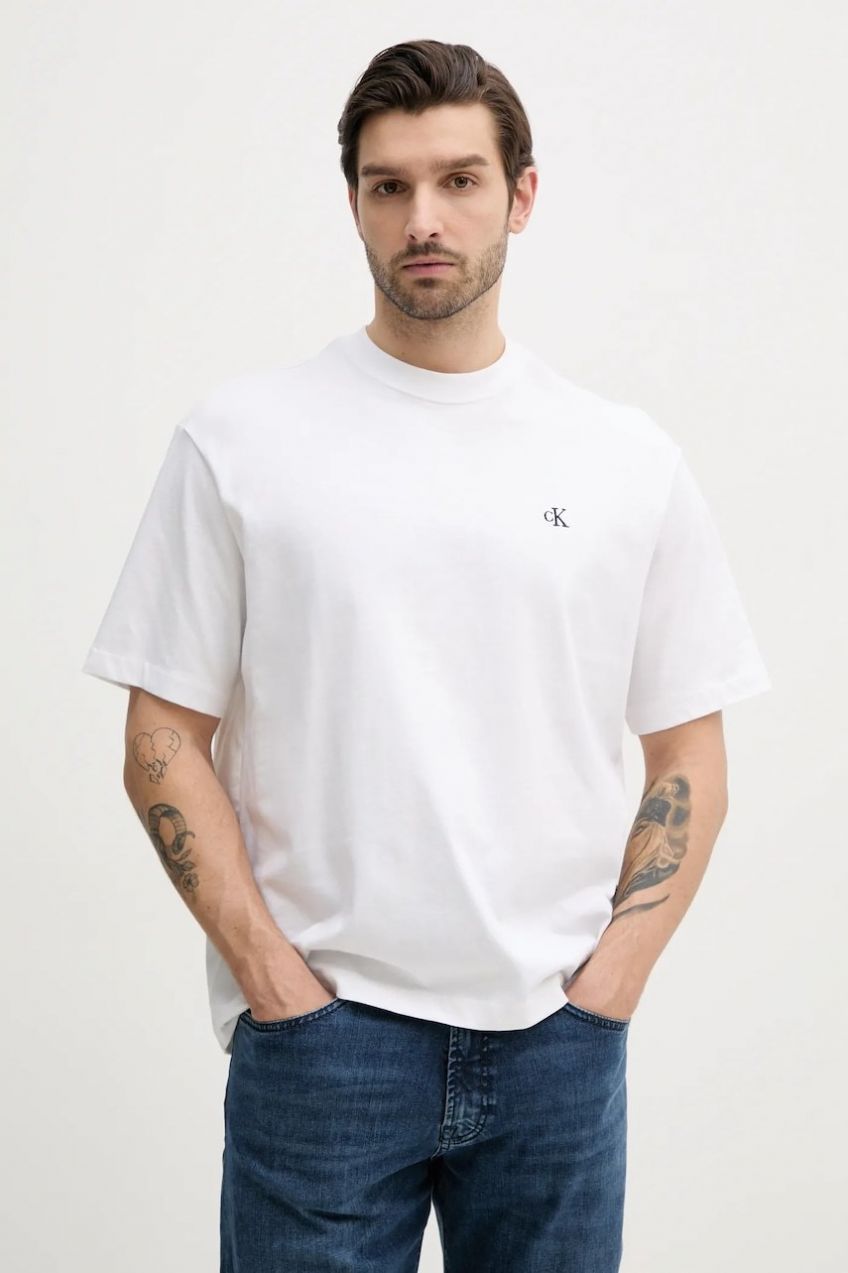Bavlnené tričko Calvin Klein Jeans pánske, biela farba, jednofarebné, LV040HM229