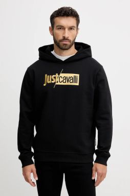 Bavlnená mikina Just Cavalli čierna farba, s kapucňou, s potlačou, 79OAIB01 CF802