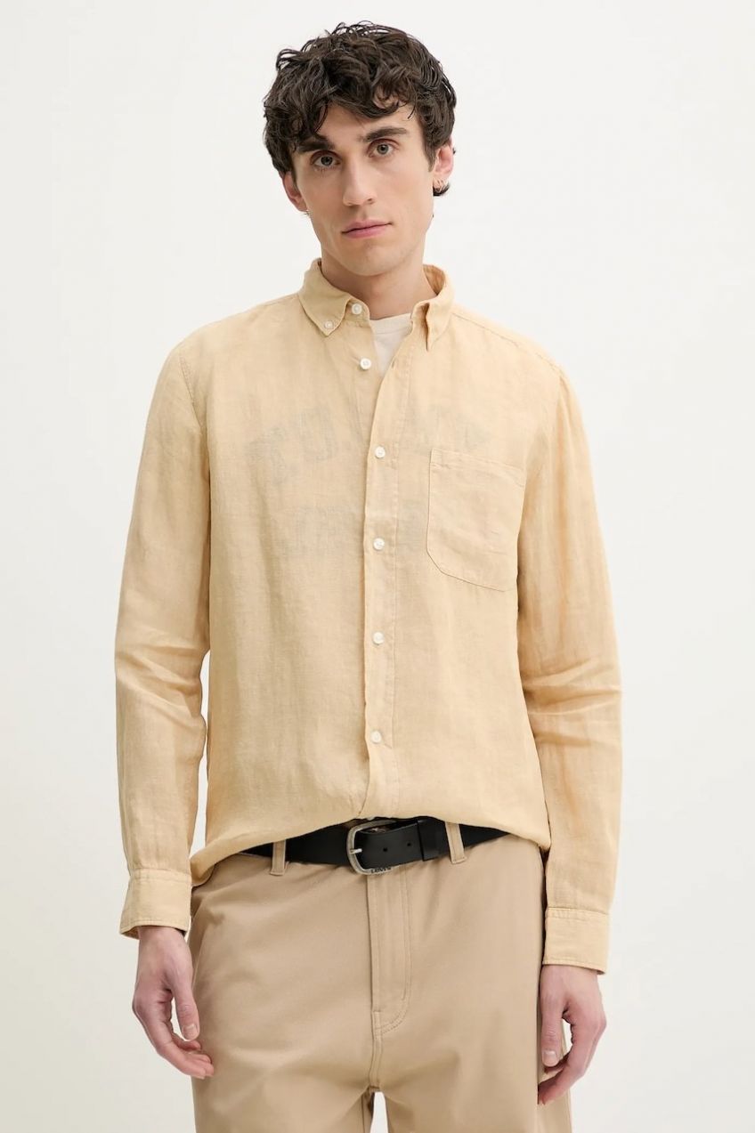 Ľanová košeľa HUGO béžová farba, regular, s golierom button-down, 50514162