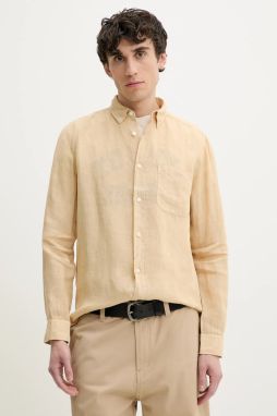 Ľanová košeľa HUGO béžová farba, regular, s golierom button-down, 50514162