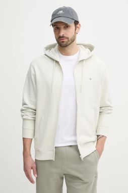 Bavlnená mikina Calvin Klein Jeans pánska, béžová farba, s kapucňou, jednofarebná, J30J326858