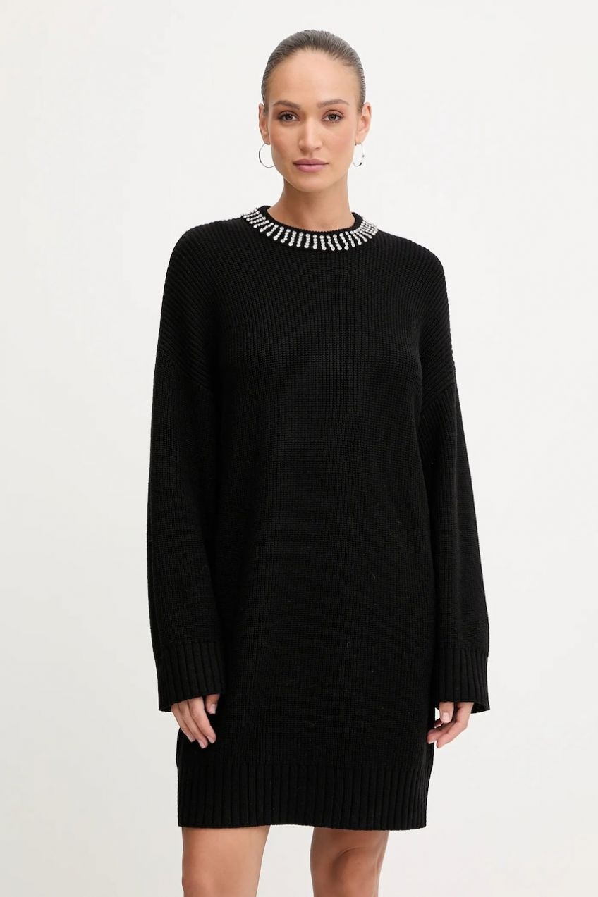 Šaty s prímesou vlny Pinko čierna farba, midi, oversize, 105746 A2S4
