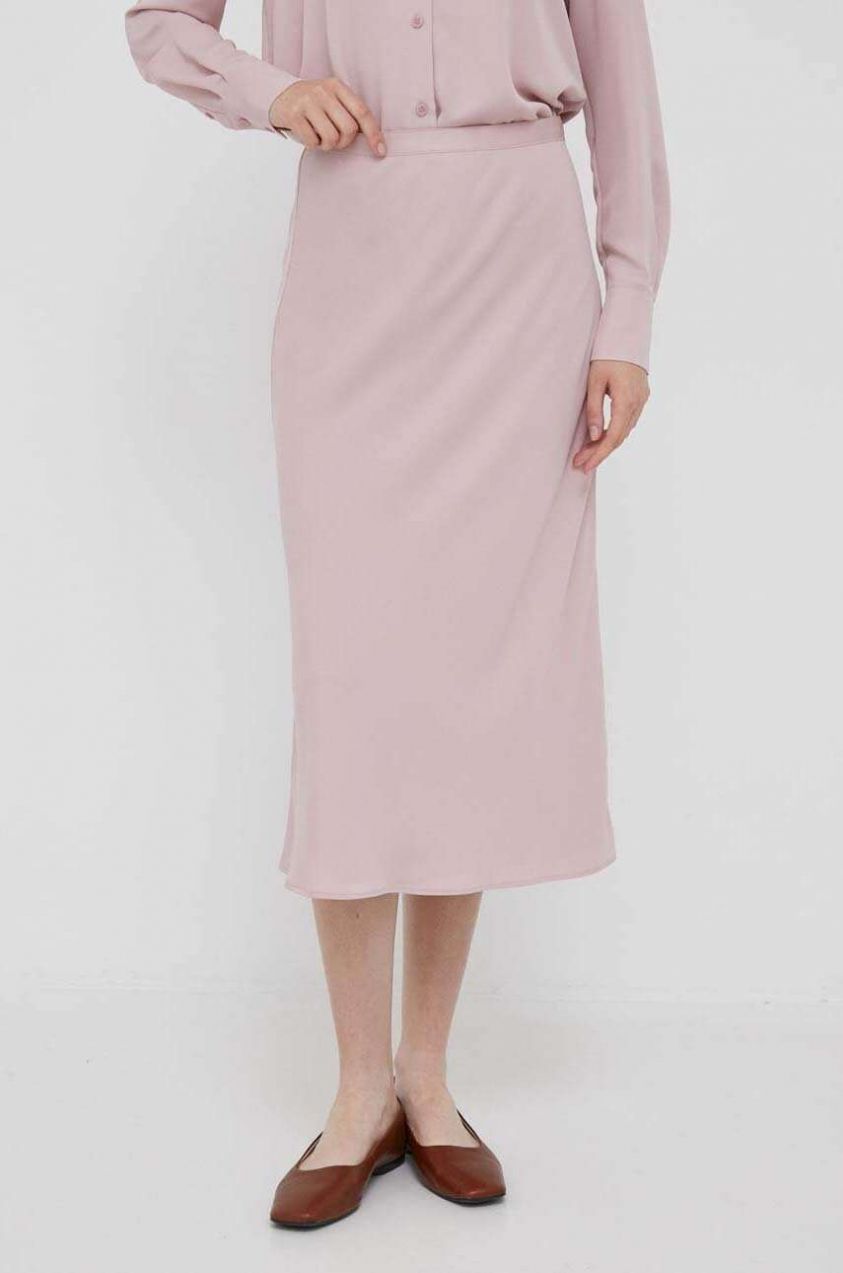 Sukňa Calvin Klein ružová farba, midi, áčkový strih