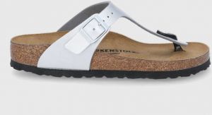 Šľapky Birkenstock Gizeh dámske, strieborná farba, na plochom podpätku, 43853