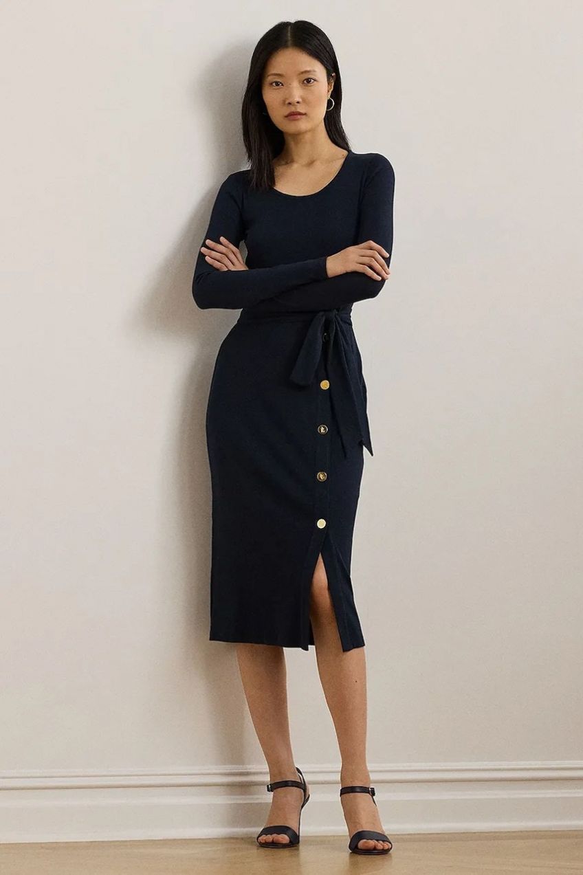 Šaty Lauren Ralph Lauren tmavomodrá farba, midi, priliehavá