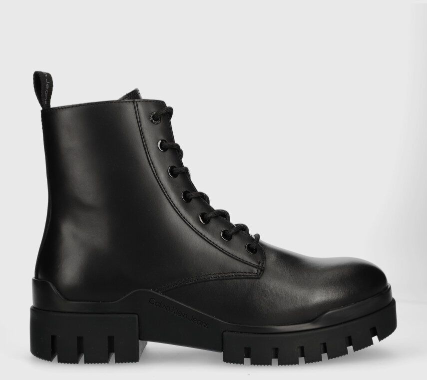 Kožená obuv Calvin Klein Jeans TRANSP COMBAT MID LACEUP LTH pánska, čierna farba, YM0YM00755