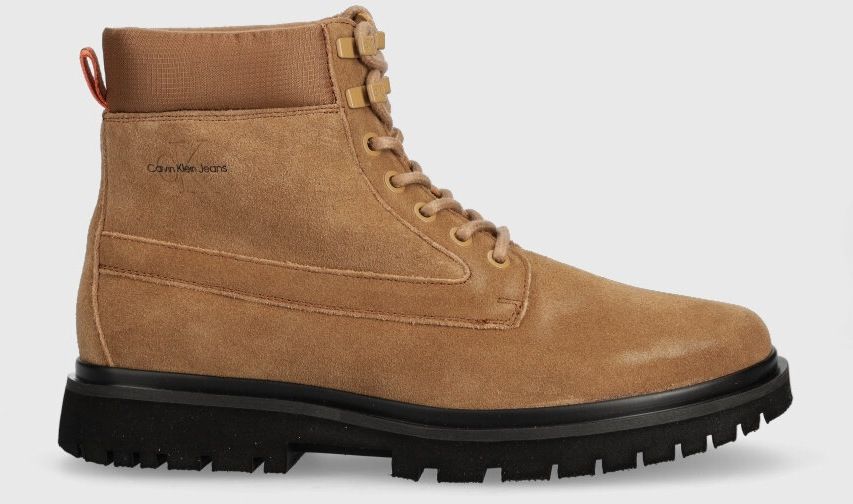 Kožená obuv Calvin Klein Jeans EVA MID LACEUP BOOT SUEDE pánska, hnedá farba, YM0YM00802