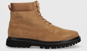 Kožená obuv Calvin Klein Jeans EVA MID LACEUP BOOT SUEDE pánska, hnedá farba, YM0YM00802