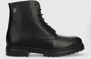 Kožená obuv Tommy Hilfiger COMFORT CLEATED THERMO LTH BOOT pánska, čierna farba, FM0FM04651