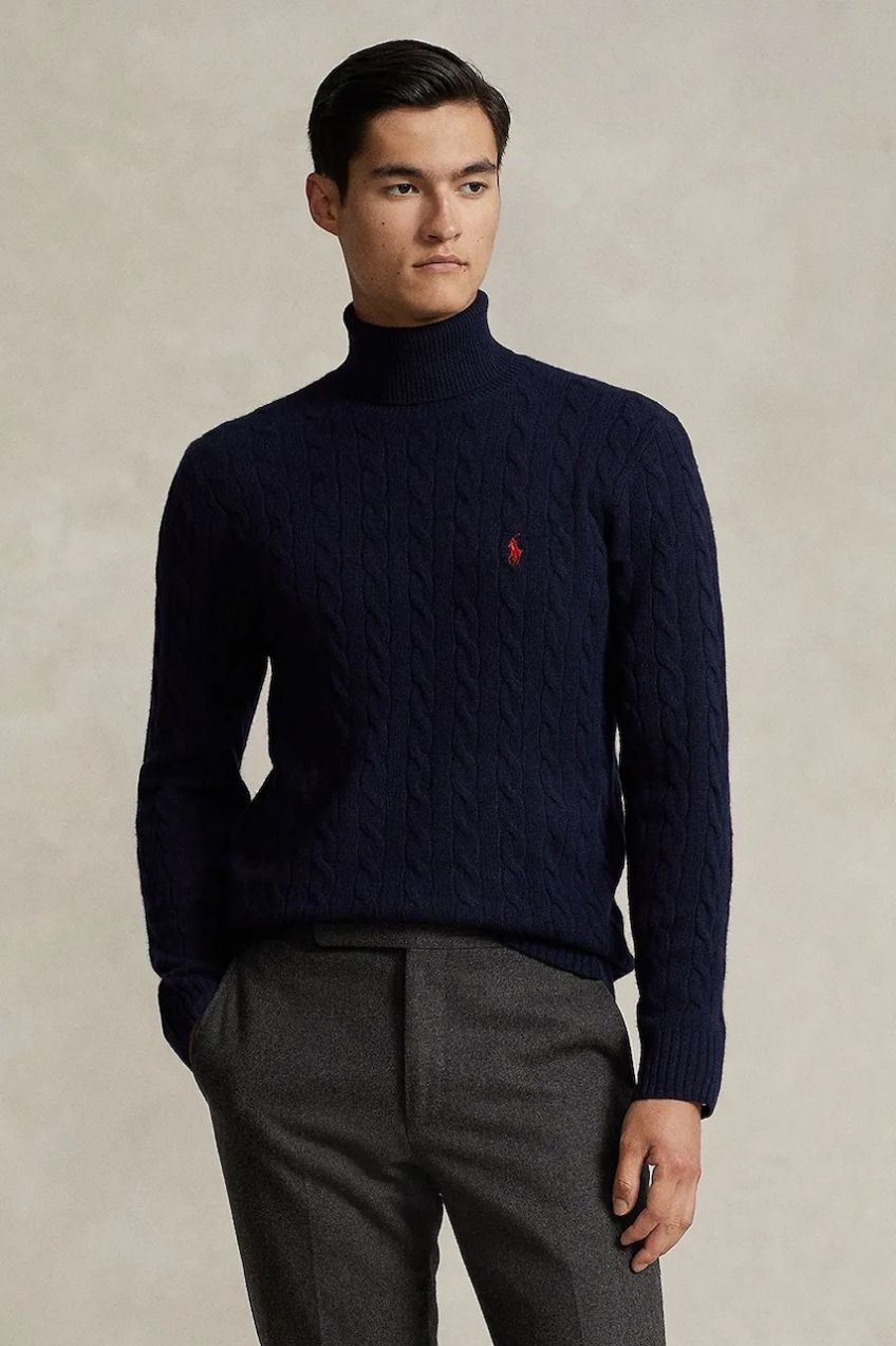 Vlnený sveter Polo Ralph Lauren tmavomodrá farba, ľahký, s rolákom, 710876836