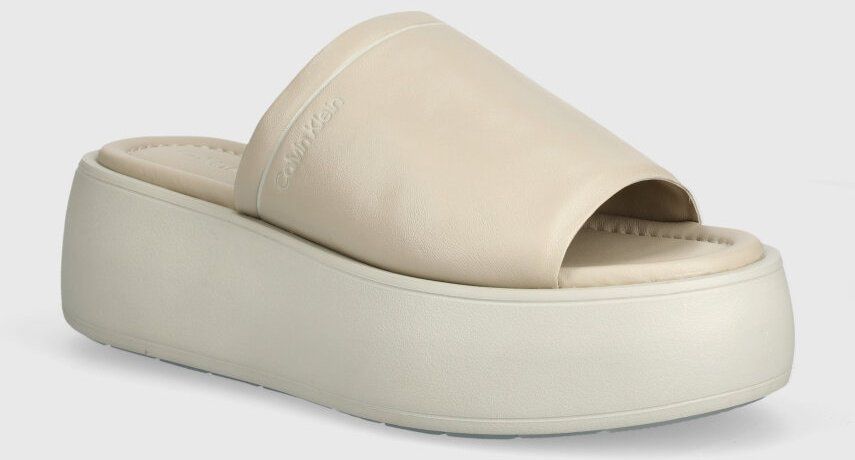 Kožené šľapky Calvin Klein FLATFORM SLIDE LTH dámske, béžová farba, na platforme, HW0HW01943