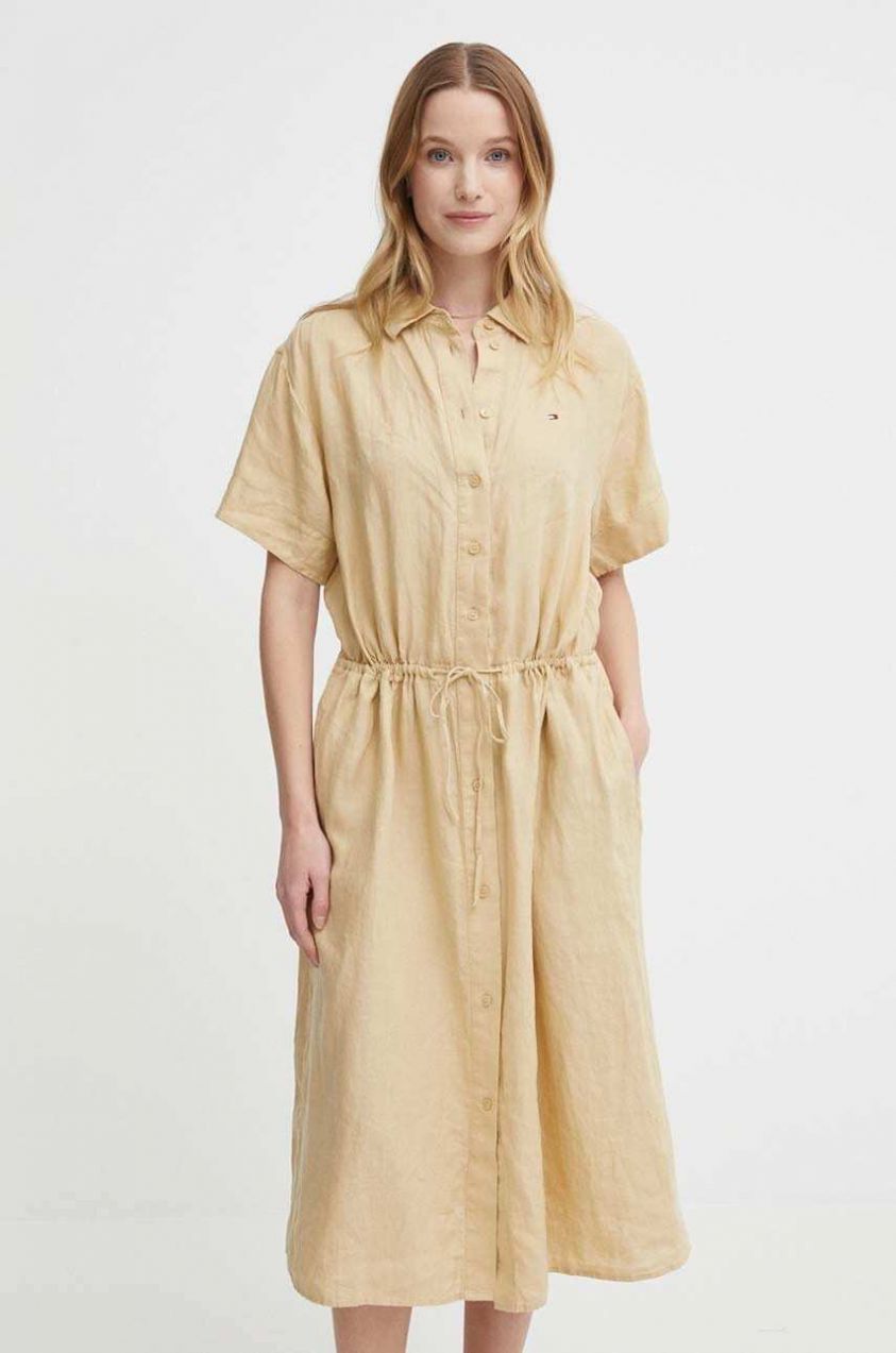 Ľanové šaty Tommy Hilfiger béžová farba, midi, áčkový strih, WW0WW41911