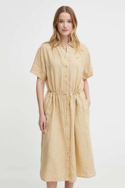 Ľanové šaty Tommy Hilfiger béžová farba, midi, áčkový strih, WW0WW41911