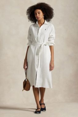 Ľanové šaty Polo Ralph Lauren biela farba,mini,rovný strih,211943992