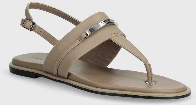 Kožené sandále Calvin Klein FLAT TP SANDAL METAL BAR LTH dámske, béžová farba, HW0HW02031