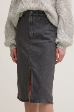 Rifľová sukňa Gestuz šedá farba, midi, rovný strih, 10909237