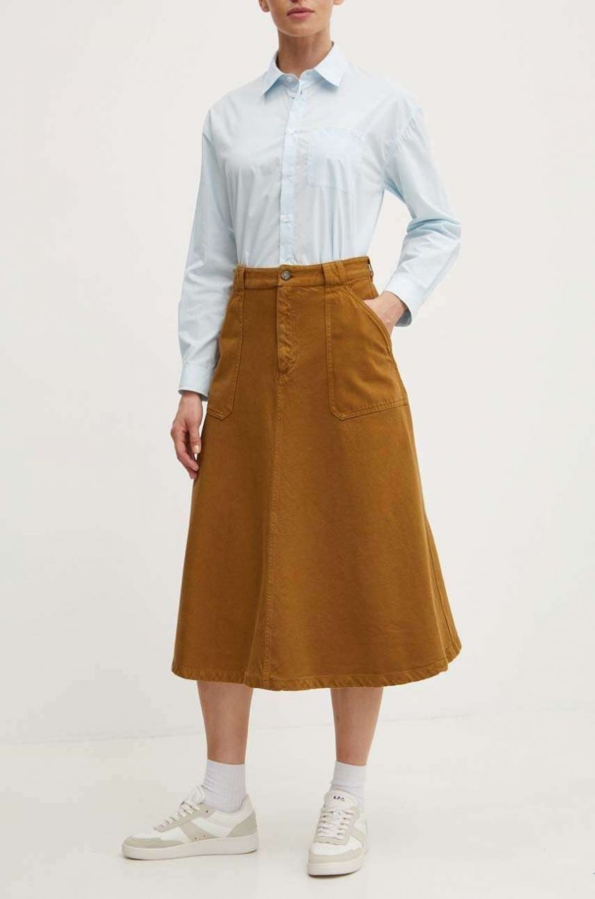 Bavlnená sukňa A.P.C. jupe laurie hnedá farba, midi, áčkový strih, COGZV.F06410