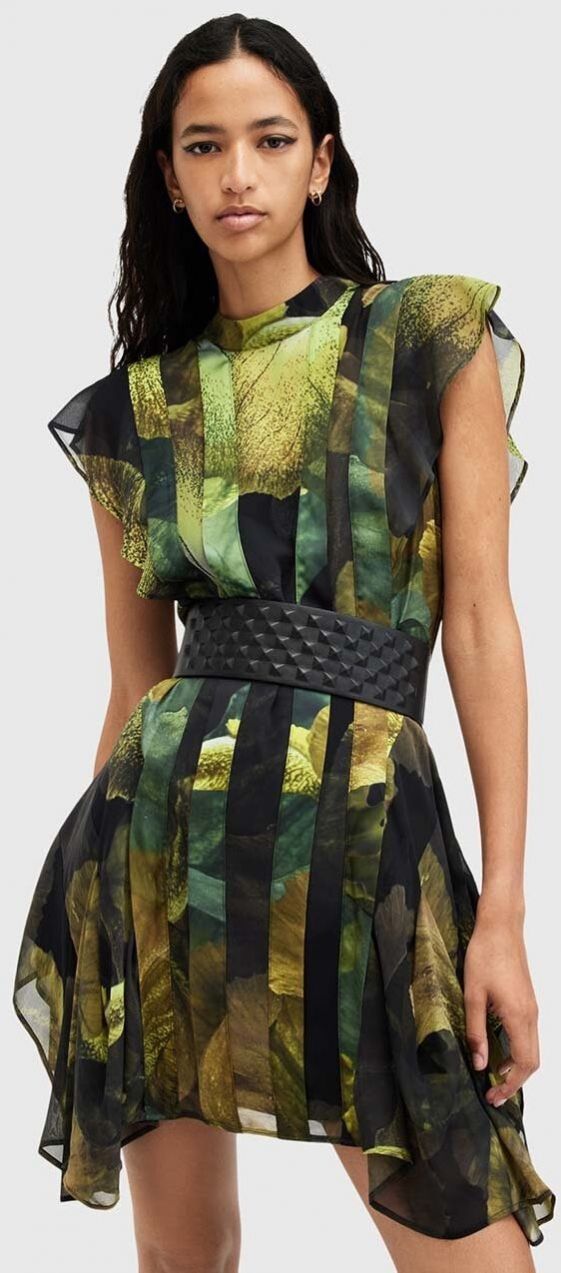 Šaty AllSaints FLEUR zelená farba, mini, áčkový strih, W027DB