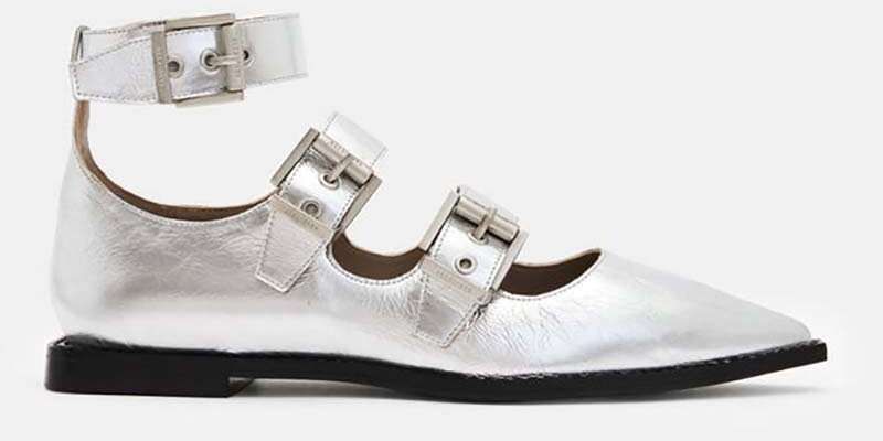 Kožené balerínky AllSaints Susan Buckle Shoe strieborná farba, W123FB