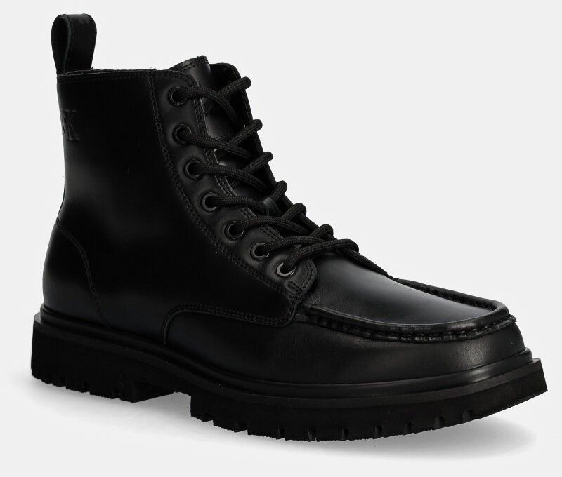 Kožená obuv Calvin Klein Jeans EVA BOOT MID LACEUP UNFORM DRESS pánska, čierna farba, YM0YM01073