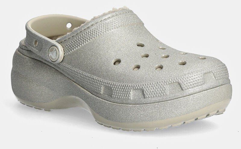 Šľapky Crocs Classic Platform Glitter Lined Clog W dámske, strieborná farba, na platforme, 210413