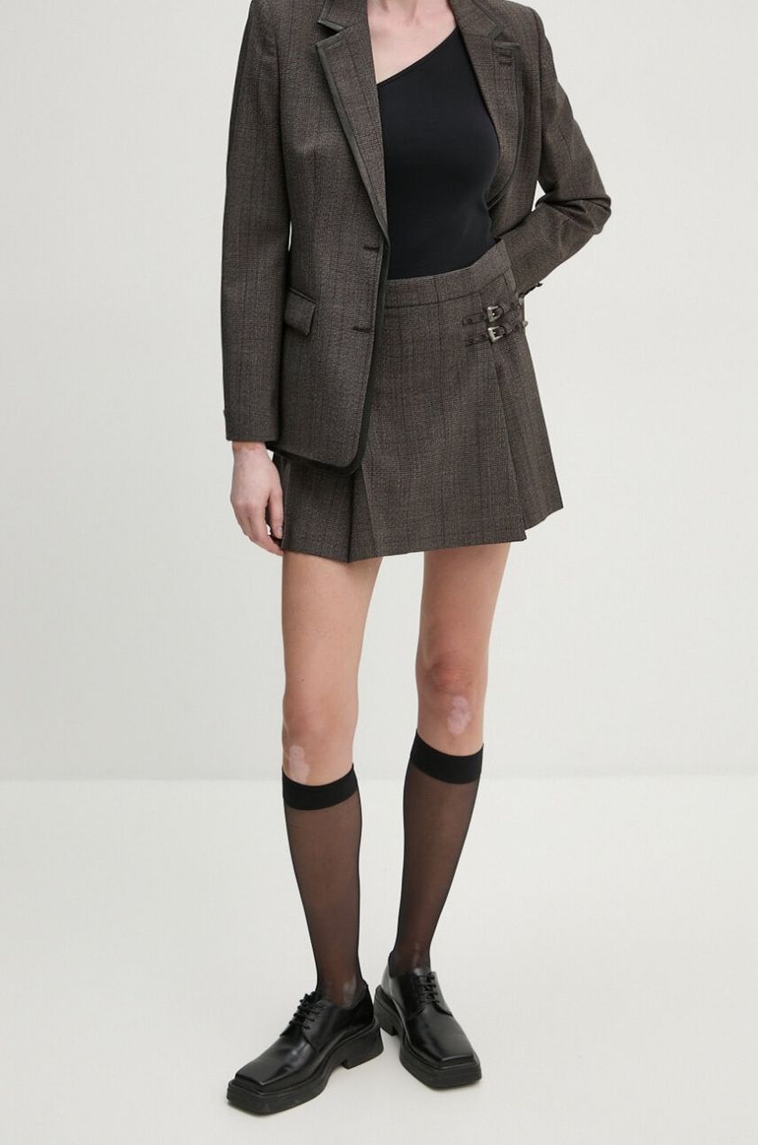 Vlnená sukňa The Kooples hnedá farba, mini, áčkový strih, FJUP29026K